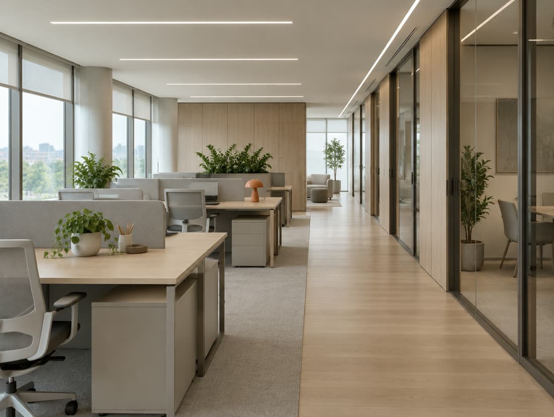 Office floor with glare-free LED light lines