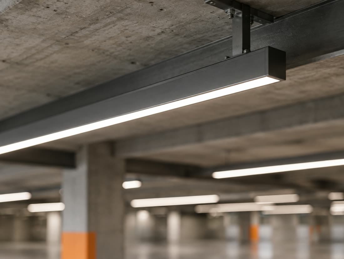 Linear LED luminaire under a concrete ceiling