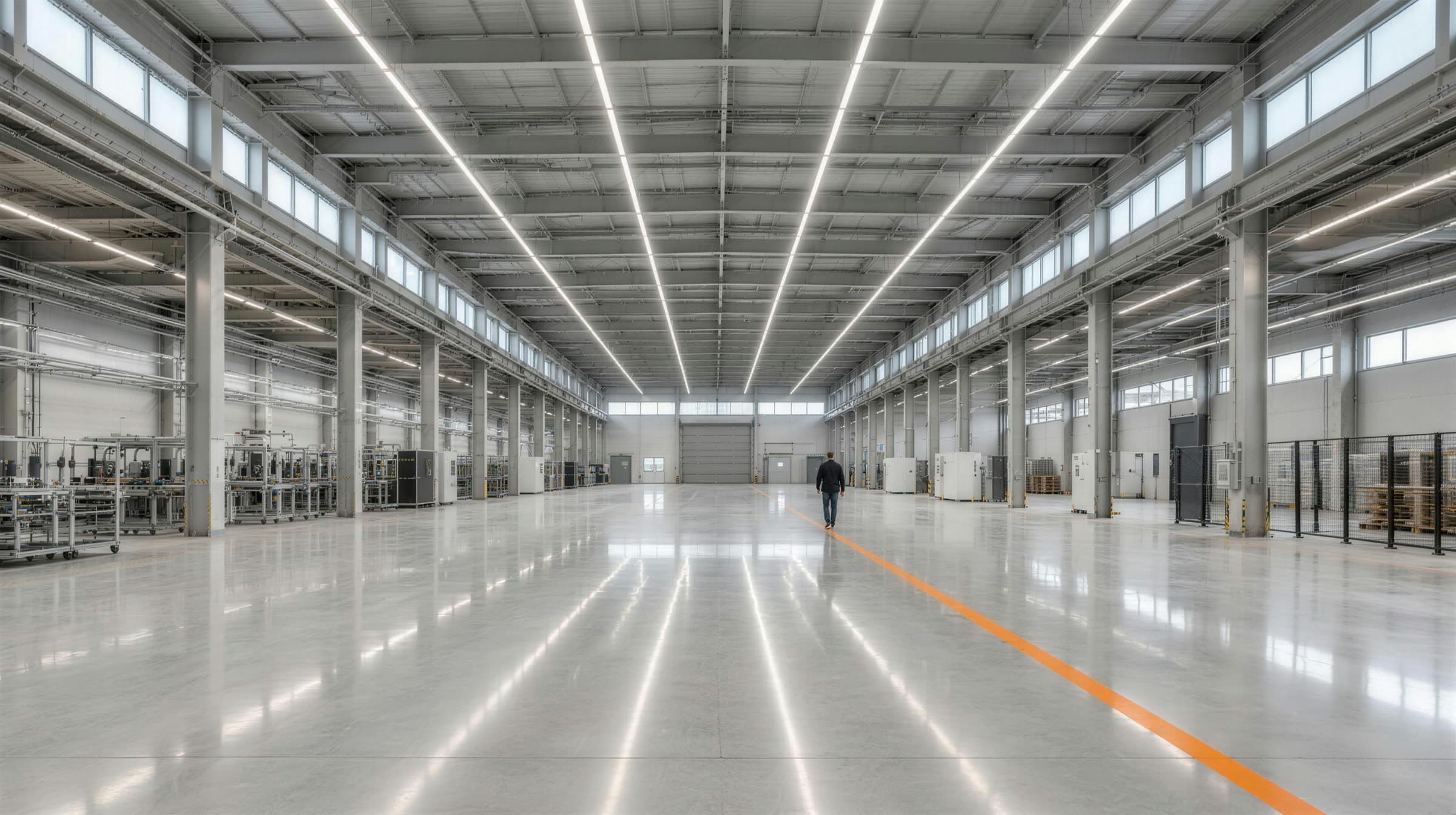 Bright production hall with continuous LED light lines