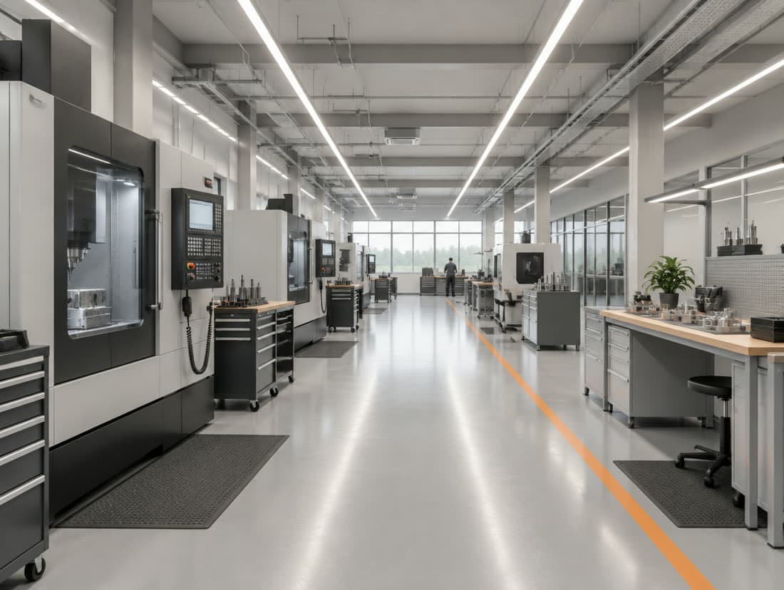 Manufacturing hall with CNC machines under LED light lines