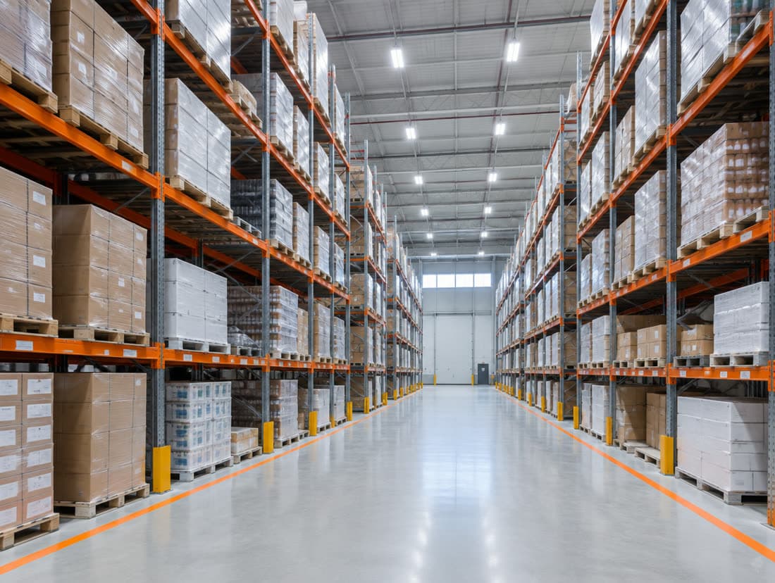 High-bay warehouse with LED luminaires