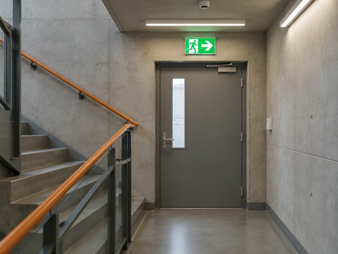 Stairwell with an LED exit sign above the exit door